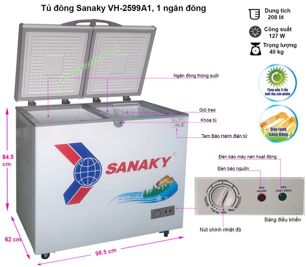 Kích thước tủ đông mini 208L Sanaky VH-2599A1, 1 ngăn đông