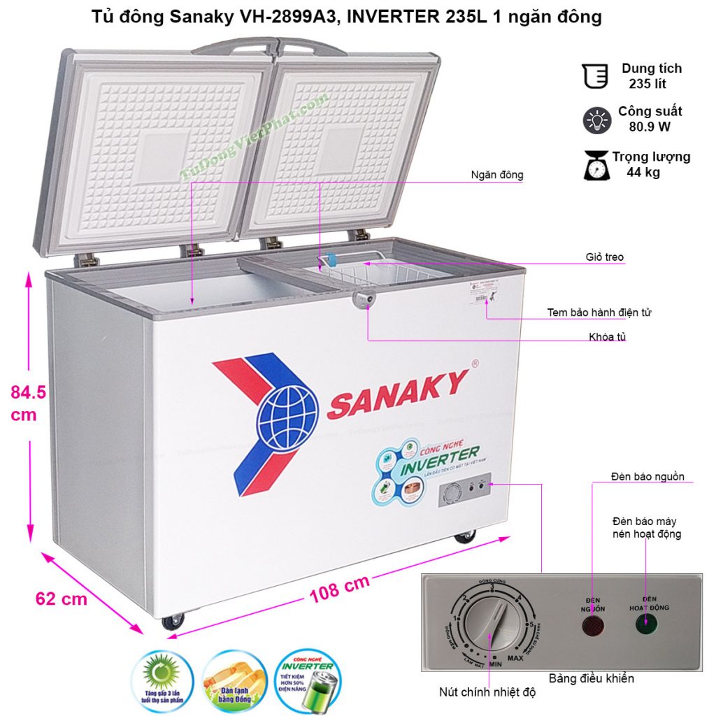 Kích thước tủ đông Sanaky INVERTER VH-2899A3, 235L 1 ngăn đông