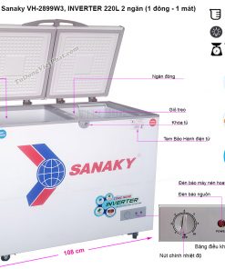 Kích thước tủ đông Sanaky INVERTER VH-2899W3, 220L 2 ngăn đông mát