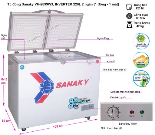 Kích thước tủ đông Sanaky INVERTER VH-2899W3, 220L 2 ngăn đông mát