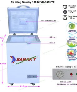Kích thước tủ đông Sanaky 100 lít VH-150HY2 dàn nhôm