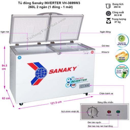 Kích thước tủ đông Sanaky VH-3699W3 260L INVERTER