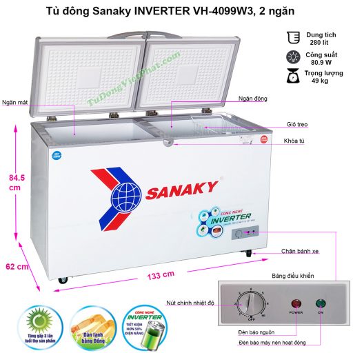 Kích thước tủ đông Sanaky VH-4099W3 INVERTER 2 ngăn đông mát