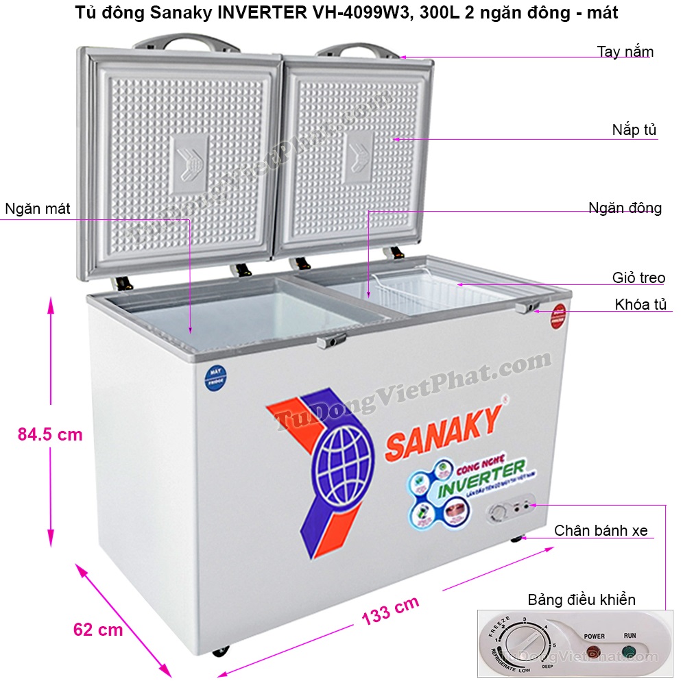 Kích thước tủ đông Sanaky VH-4099W3, 300L INVERTER