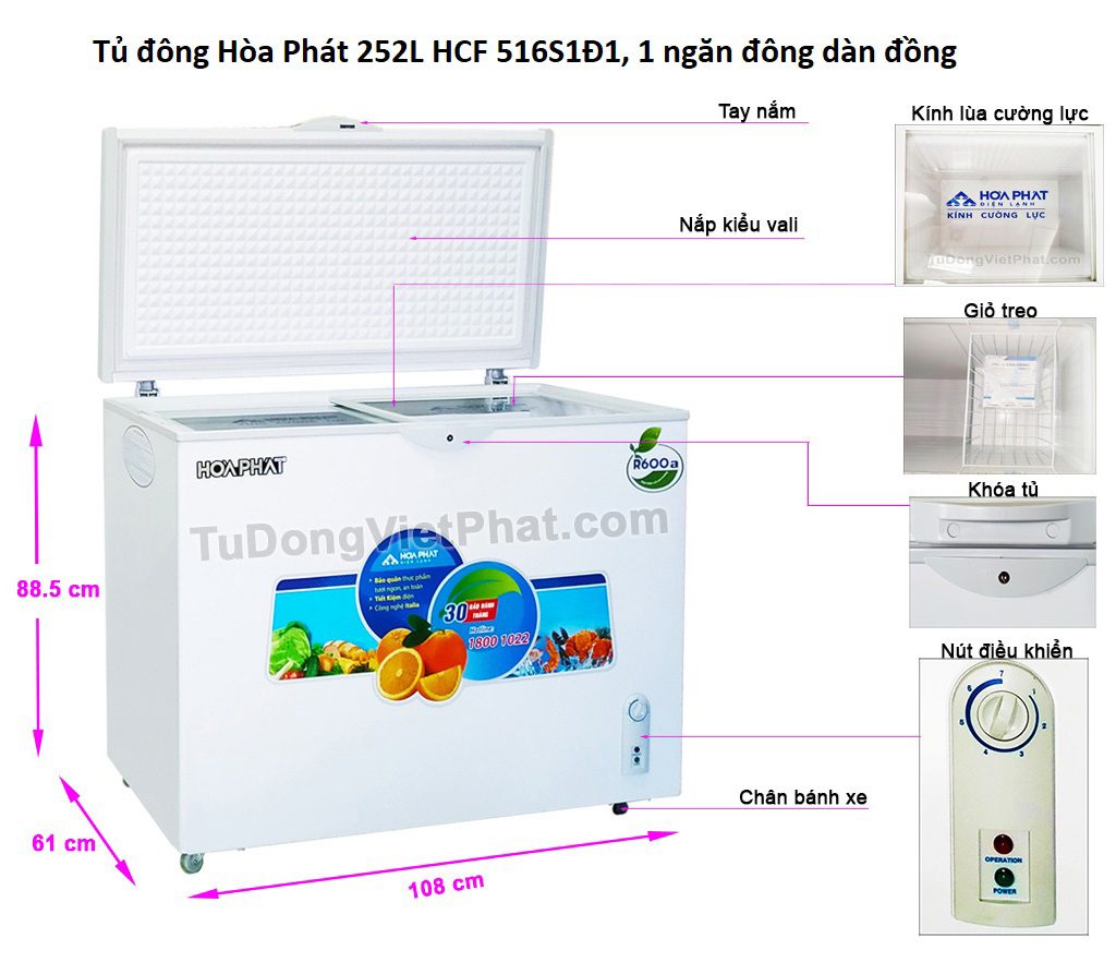 Các bộ phận của tủ đông Hòa Phát 252L HCF 516S1Đ1, Các bộ phận tủ đông Hòa Phát 252L HCF 516S1Đ1, 1 ngăn đông dàn đồng