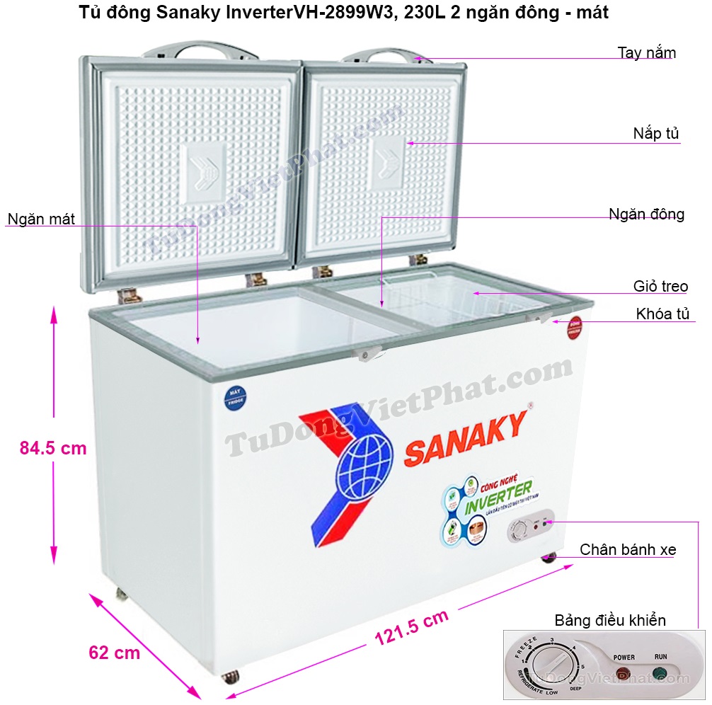 Kích thước tủ đông Sanaky VH-2899W3, 230L INVERTER