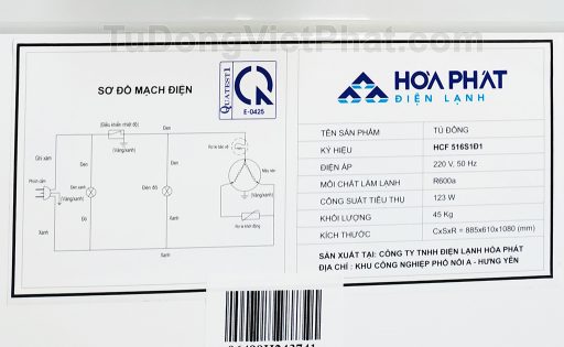 Sơ đồ mạch điện tủ đông Hòa Phát 252L HCF 516S1Đ1, 1 ngăn đông dàn đồng