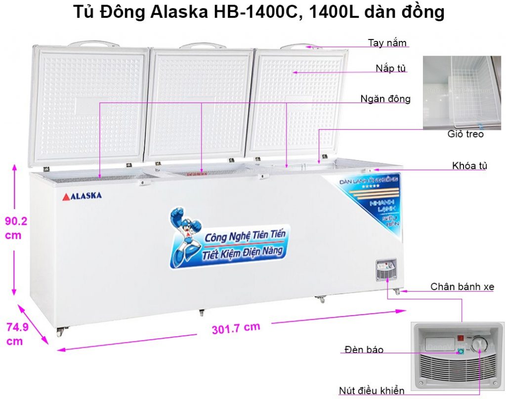 Kích thước tủ đông Alaska HB-1400C 1 ngăn đông 1400 lít