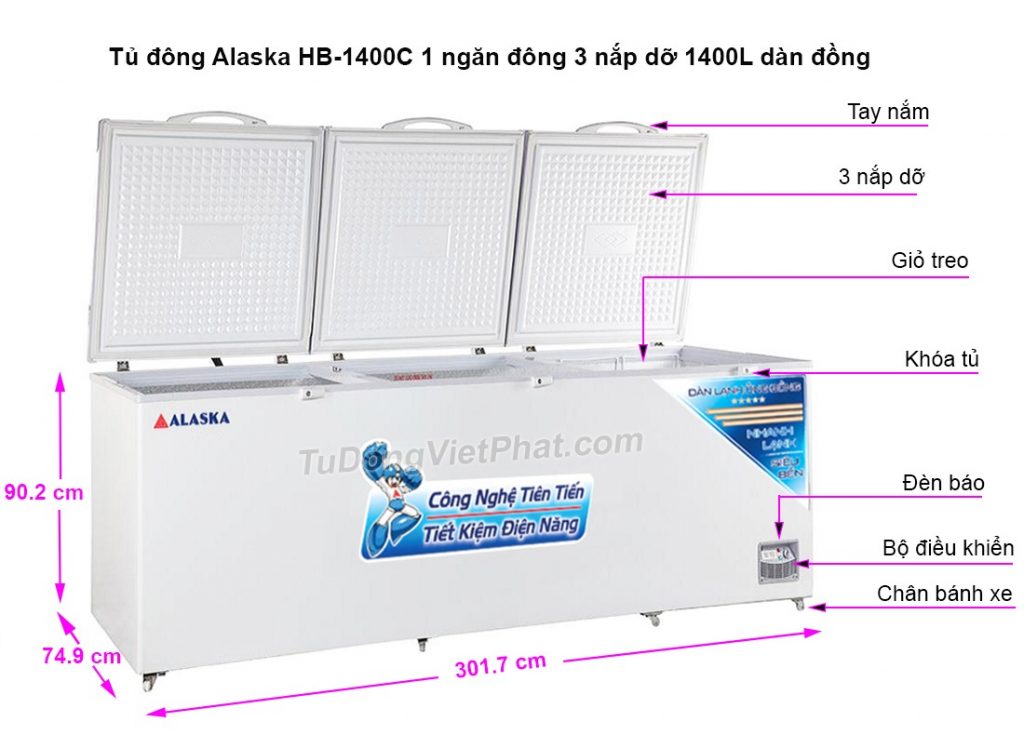 Tủ đông Alaska HB-1400C 1 ngăn đông 3 nắp dỡ 1400L Kích thước tủ đông Alaska HB-1400C