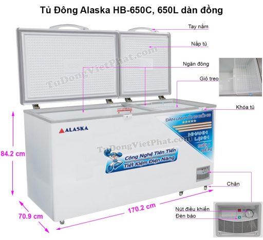 Kích thước tủ đông Alaska HB-650C 650L