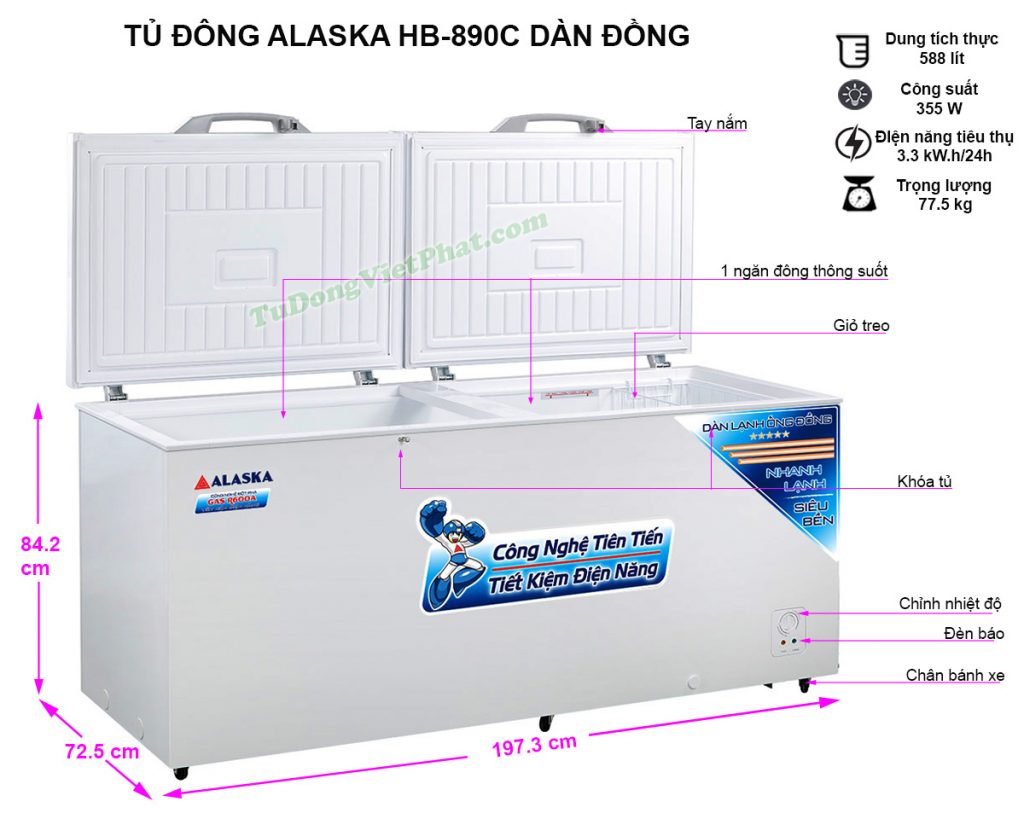Kích thước tủ đông Alaska HB-890C 890L dàn đồng