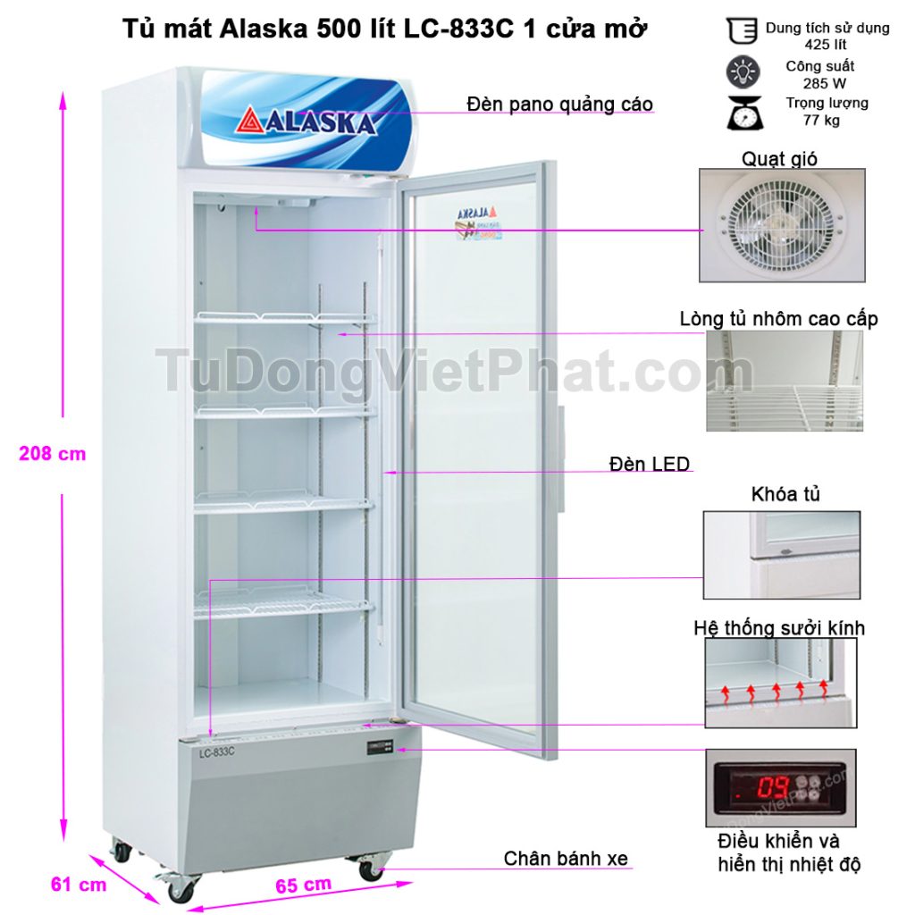Kích thước tủ mát Alaska 500 lít LC-833C 1 cửa mở