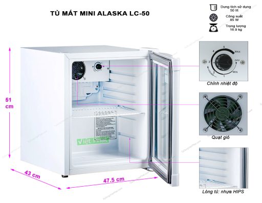 Kích thước tủ mát mini 50 lít Alaska LC-50