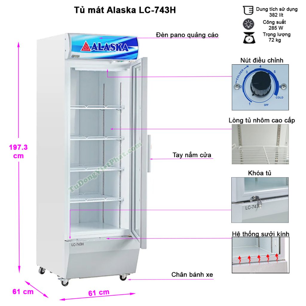 Kích thước tủ mát Alaska 450L LC-743H 1 cửa mở