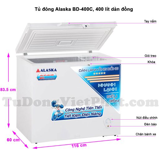 Kích thước tủ đông Alaska BD-400C