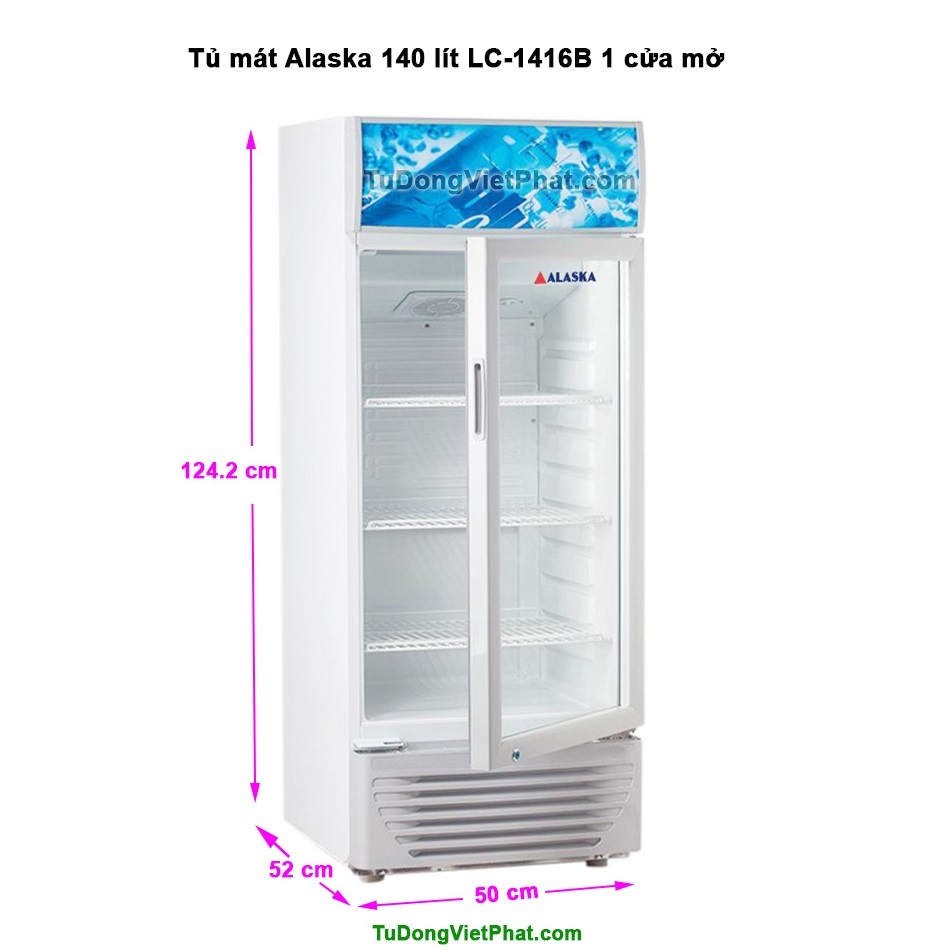 Kích thước ngoài của tủ mát Alaska 140 lít LC-1416B 1 cửa mở