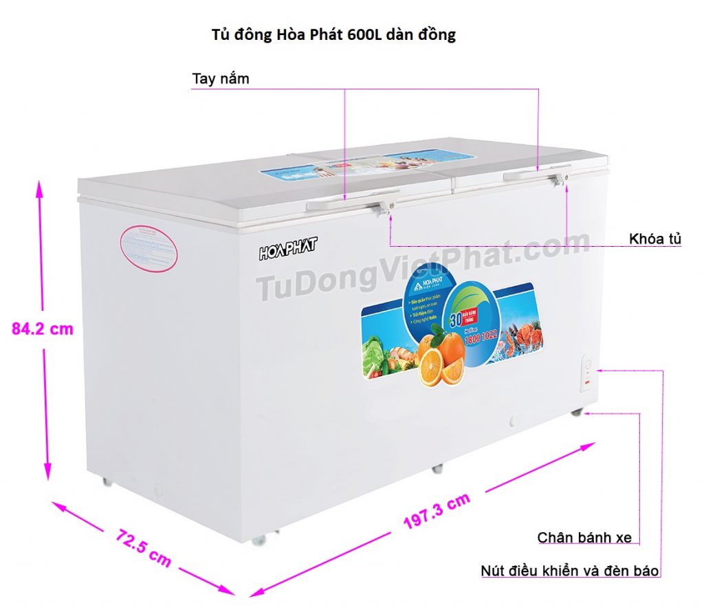 Kích thước tủ đông Hòa Phát 588L, HCF-1100S1PĐ2.N dàn đồng Tủ đông Hòa Phát 600L dàn đồng