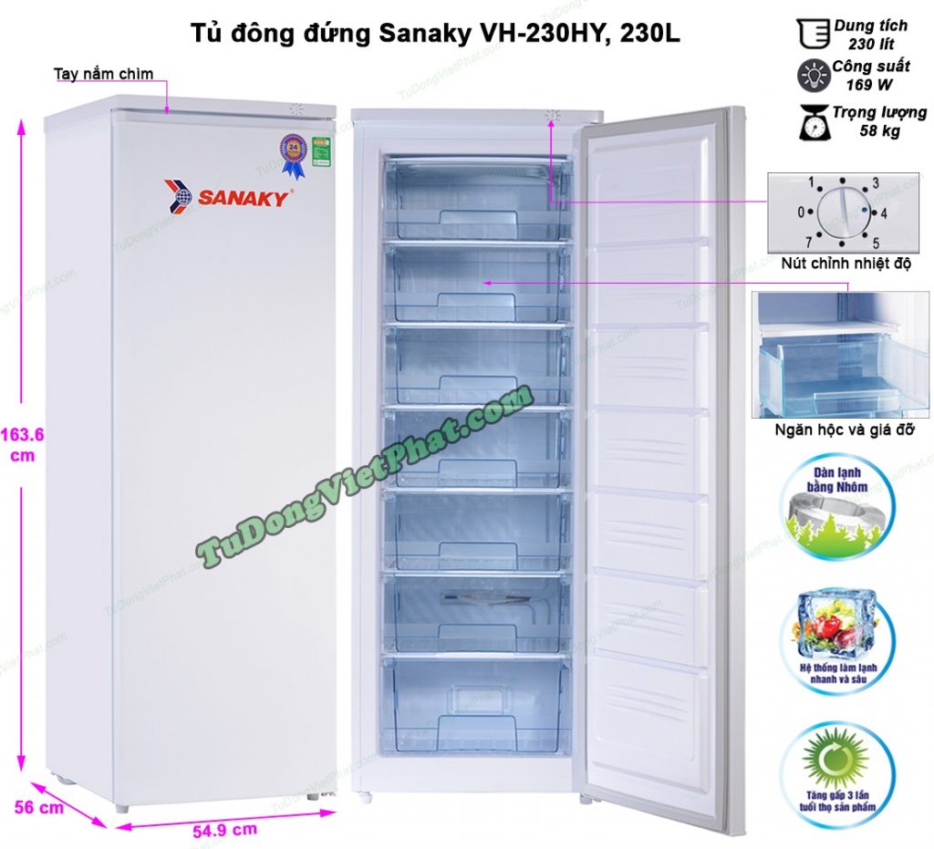 Kích thước tủ đông đứng Sanaky VH-230HY