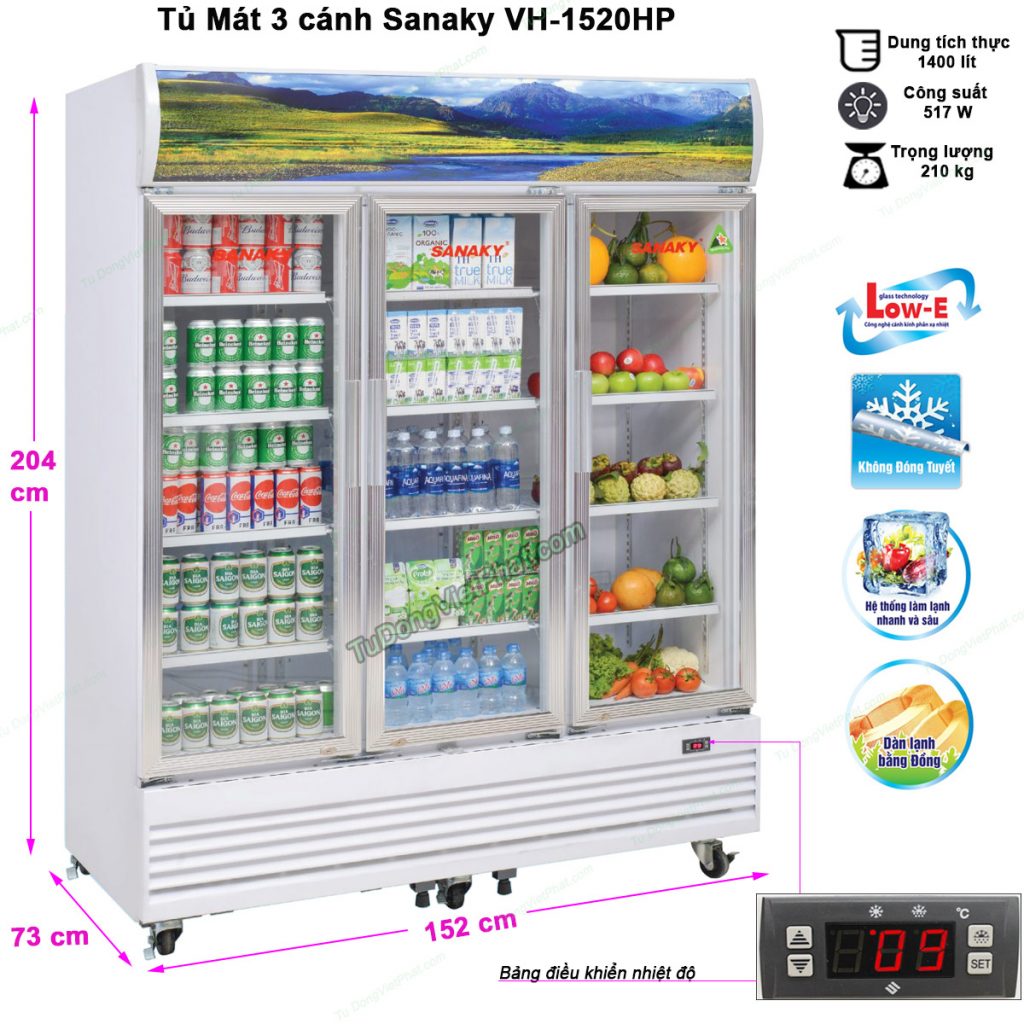 Kích thước tủ Mát Sanaky 3 cánh VH-1520HP