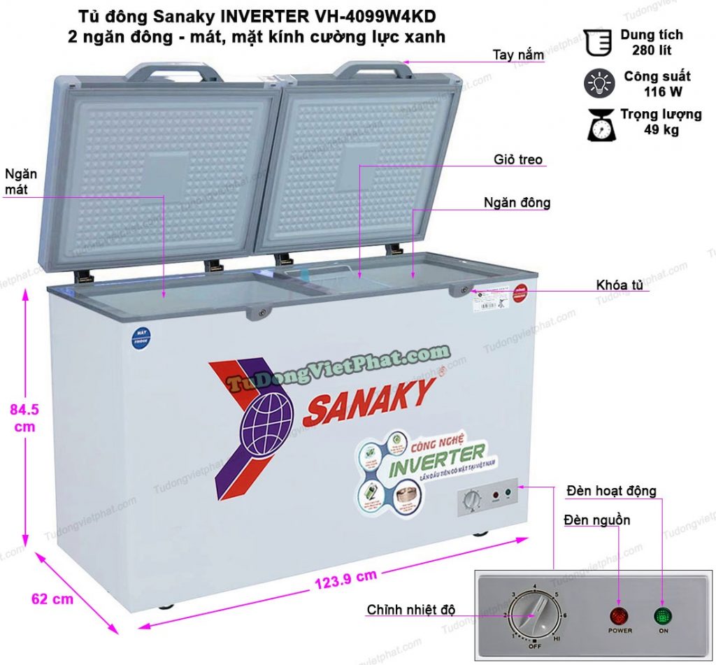 Kích thước tủ đông Sanaky INVERTER VH-4099W4KD mặt kính cường lực