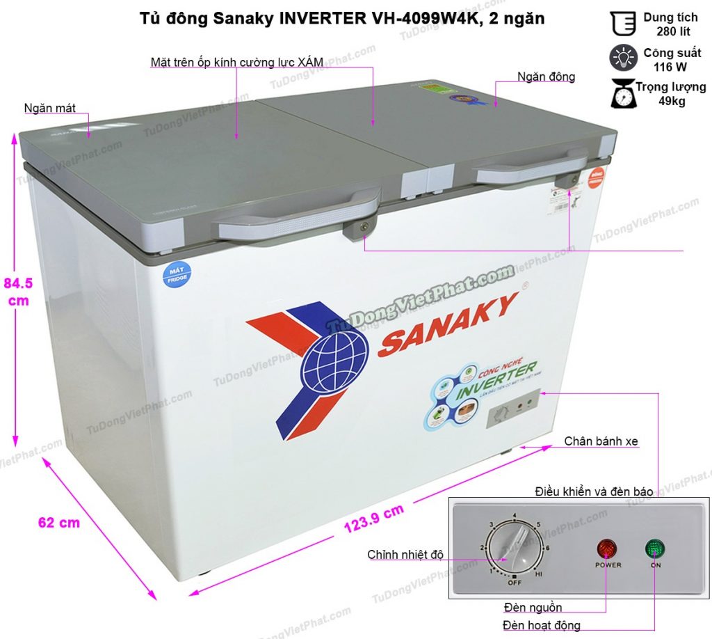 Kích thước tủ đông Sanaky INVERTER VH-4099W4KD mặt kính cường lực Kích thước tủ đông Sanaky INVERTER VH-4099W4K