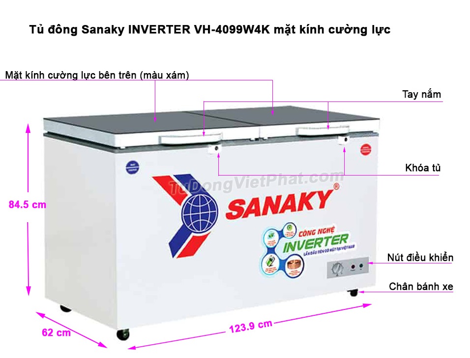 Kích thước tủ đông Sanaky INVERTER VH-4099W4K mặt kính cường lực