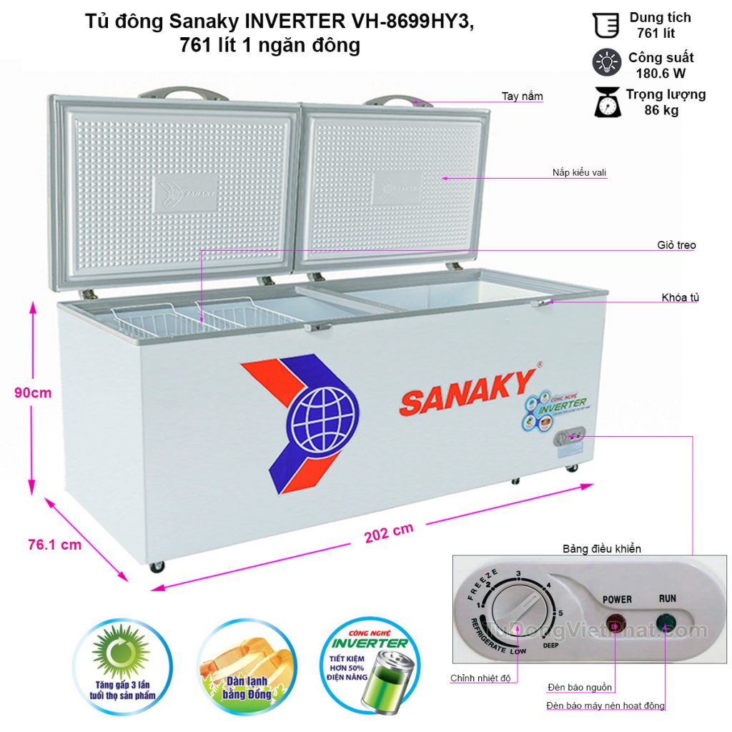 Tủ đông Sanaky VH-8699HY3 Inverter 761 lít , 1 ngăn đông Giá rẻ 8/2023