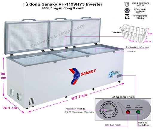 Kích thước tủ đông Sanaky Inverter 900 lít VH-1199HY3, 3 cánh