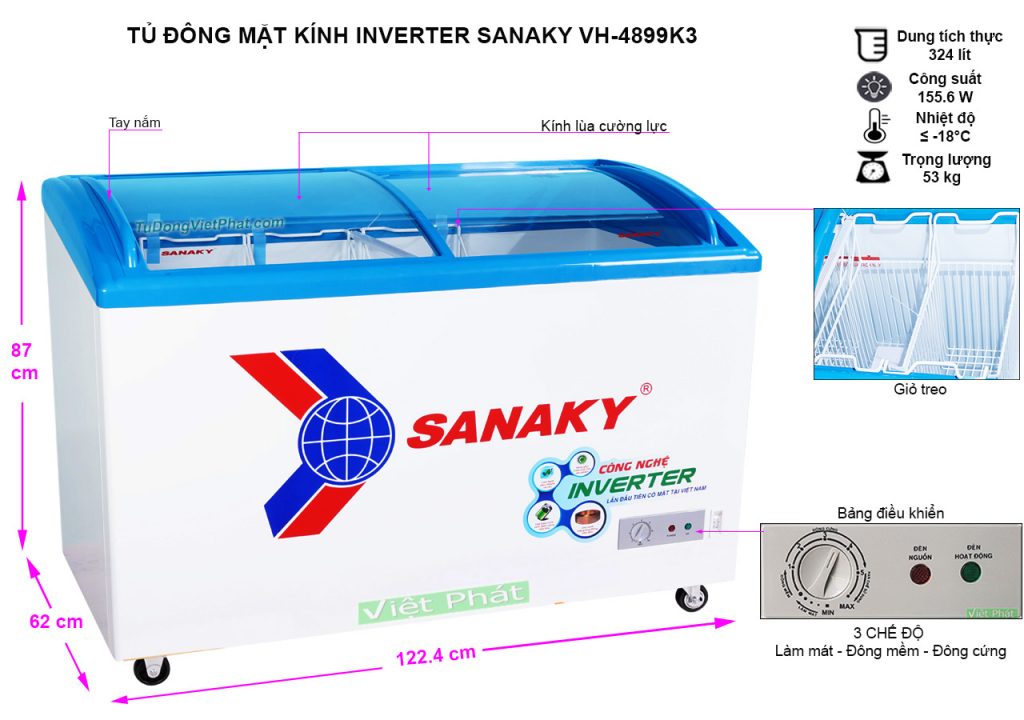 Kích thước tủ đông mặt kính Sanaky VH-4899K3