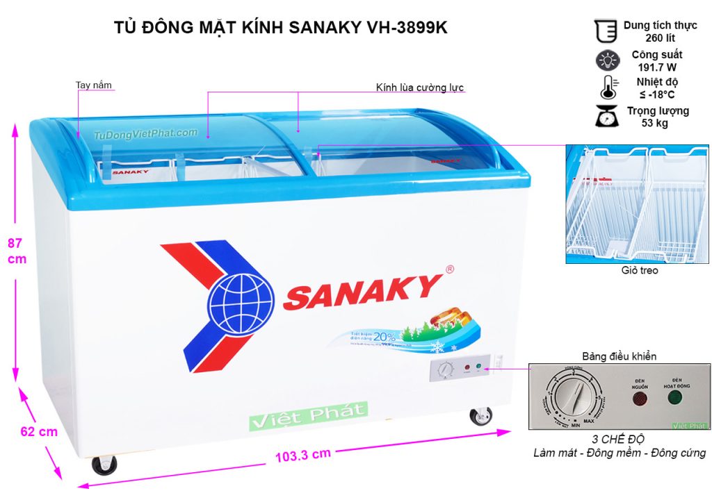 Kích thước tủ đông mặt kính Sanaky VH-3899K
