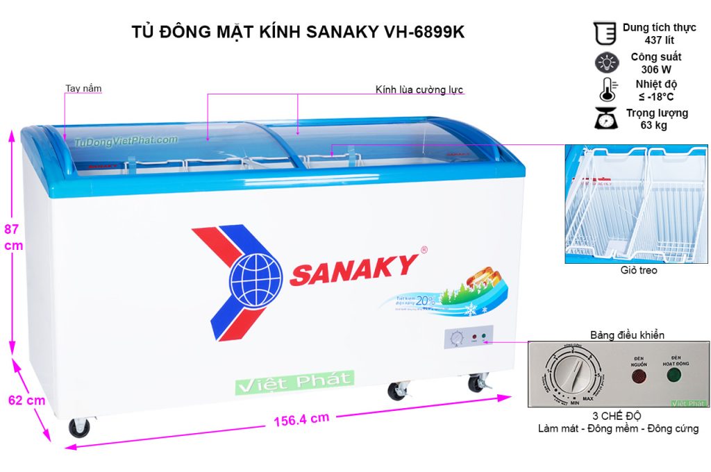 Kích thước tủ đông mặt kính Sanaky VH-6899K