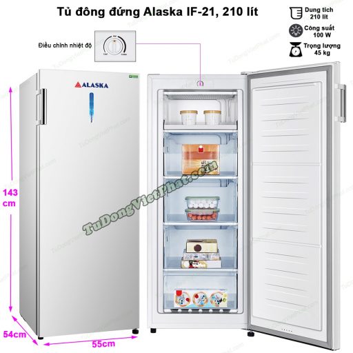 Kích thước tủ đông đứng Alaska IF-21, 5 ngăn đông 210 lít