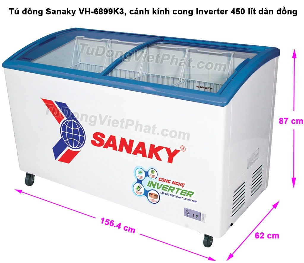 Kích thước tủ đông Sanaky VH-6899K3 cánh kính cong 450 lít Inverter dàn đồng Kích thước tủ đông Sanaky VH-6899K3