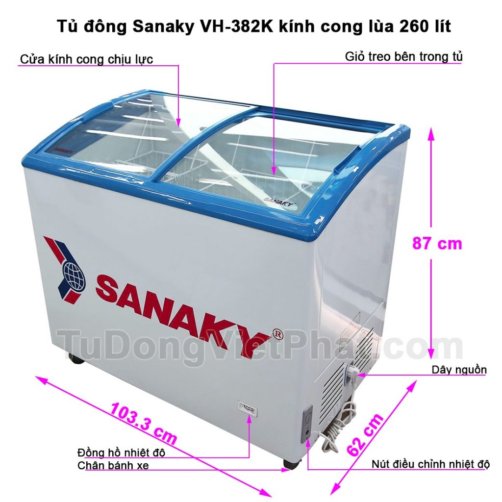 Kích thước tủ đông Sanaky VH-382K,