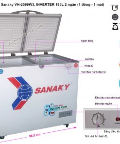 Kích thước tủ đông mini Sanaky VH-2599W3 Inverter 2 ngăn 195L