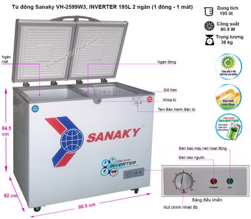 Kích thước tủ đông mini Sanaky VH-2599W3 Inverter 2 ngăn 195L