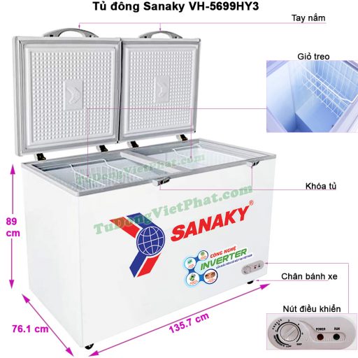 Kích thước tủ đông Sanaky VH-5699HY3, 410L INVERTER 1 ngăn đông
