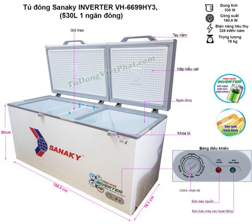 Kích thước tủ đông Sanaky VH-6699HY3 Inverter 530 lít 1 ngăn đông
