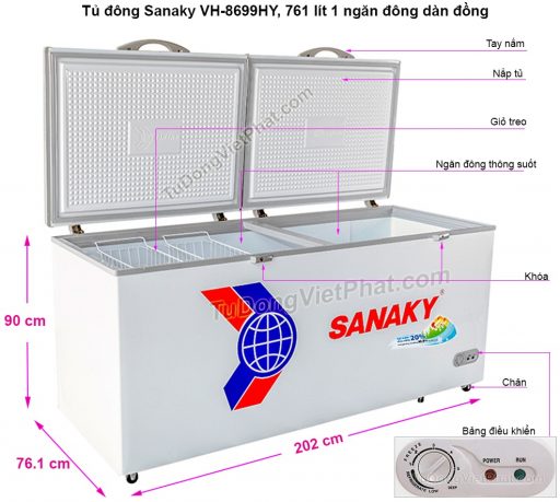 Kích thước tủ đông Sanaky VH-8699HY, 761L 1 ngăn đông