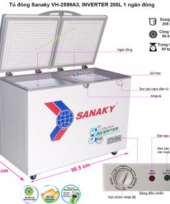 Kích thước tủ đông mini Sanaky VH-2599A3, Inverter 1 ngăn 208L