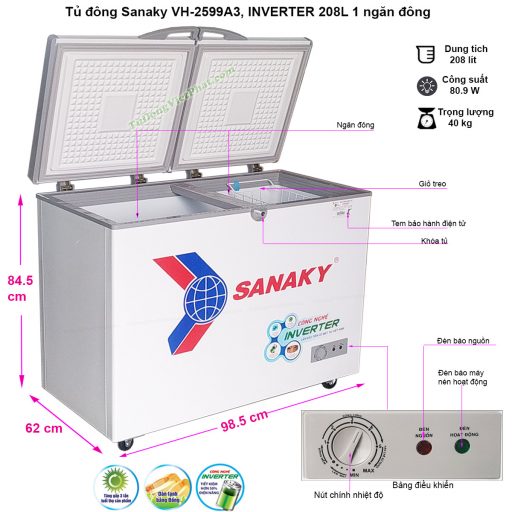 Kích thước tủ đông mini Sanaky VH-2599A3, Inverter 1 ngăn 208L