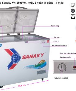 Kích thước tủ đông mini Sanaky VH-2599W1 2 ngăn