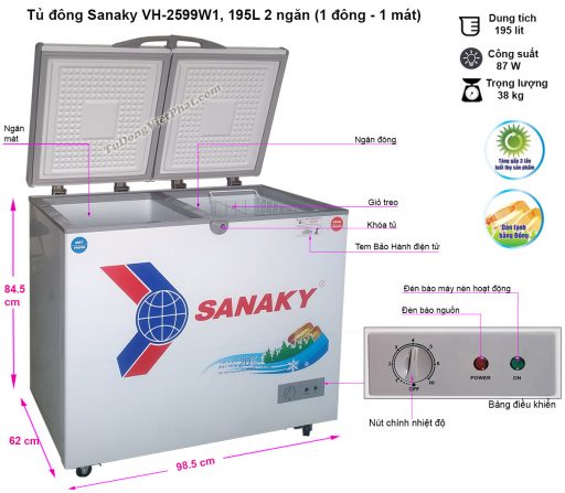 Kích thước tủ đông mini Sanaky VH-2599W1 2 ngăn
