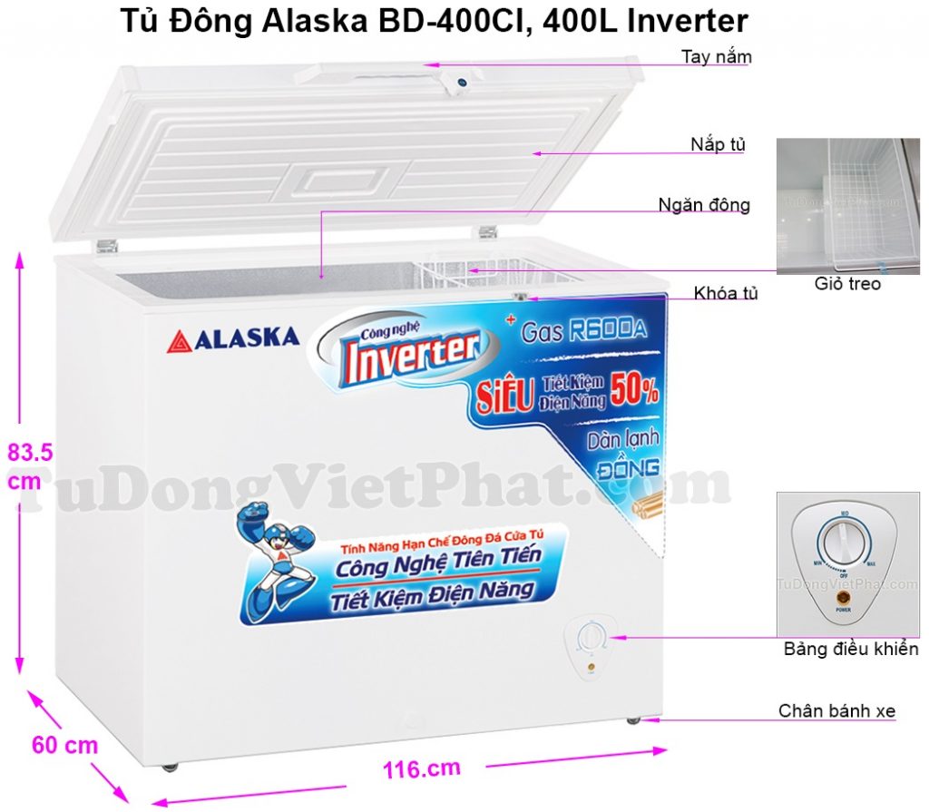 Kích thước tủ đông Alaska BD-400CI