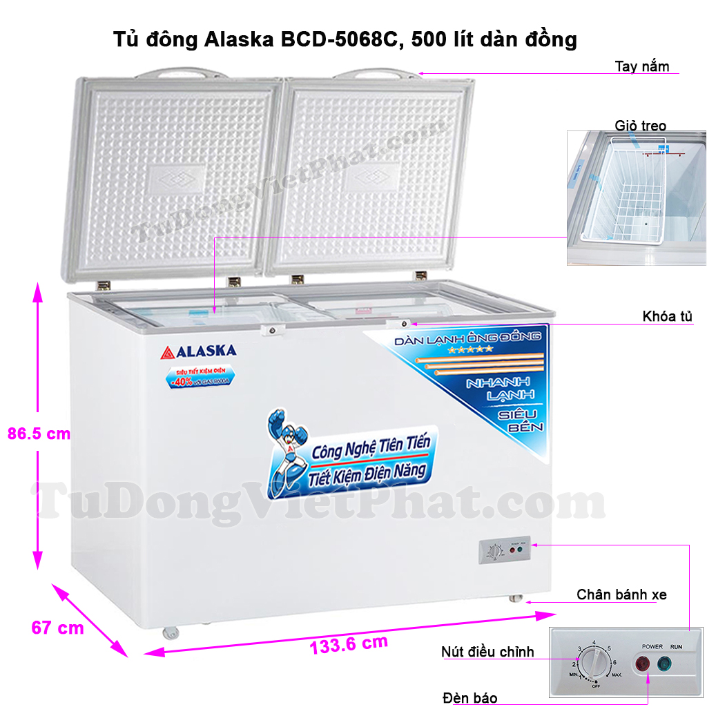 Kích thước tủ đông Alaska BCD-5068C