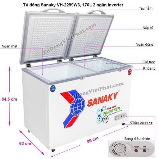Kích thước tủ đông mini Sanaky VH-2299W3 Inverter