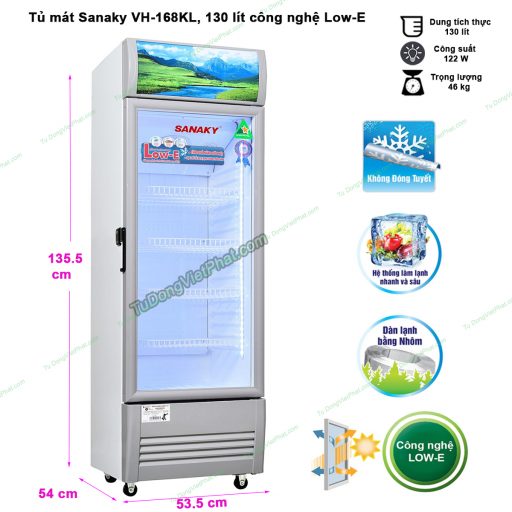 Kích thước tủ mát Sanaky VH-168KL, 130 lít công nghệ Low-E