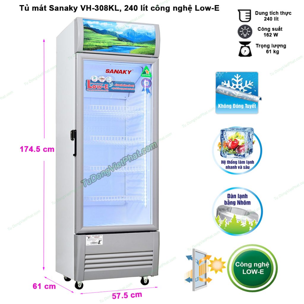 Kích thước tủ mát Sanaky VH-308KL, 300 lít công nghệ Low-E