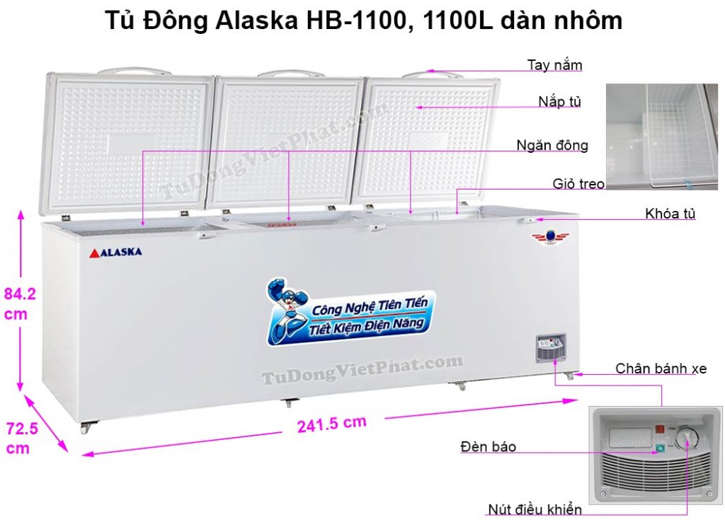 Kích thước tủ đông Alaska HB-1100 1 ngăn đông 3 nắp