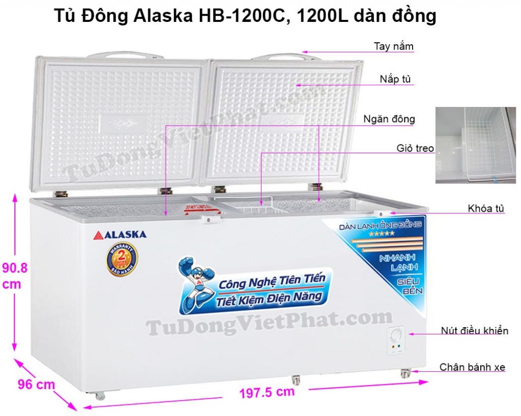 Kích thước tủ đông Alaska HB-1200C